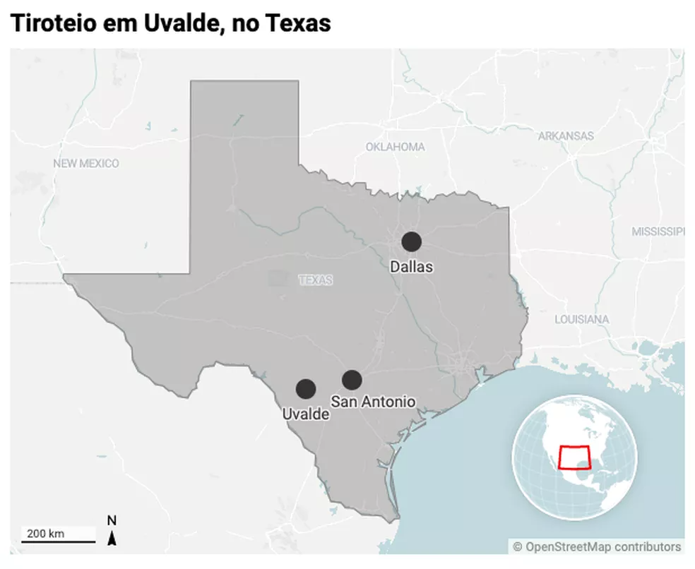 Mapa mostra localização de Uvalde, no Texas — Foto: g1 Mundo