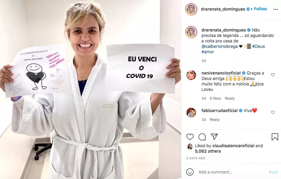 A médica Renata Domingues de Nóbrega, esposa do apresentador Carlos Alberto de Nóbrega, do SBT, anuncia a cura dela da Covid-19. — Foto: Reprodução/Redes Sociais