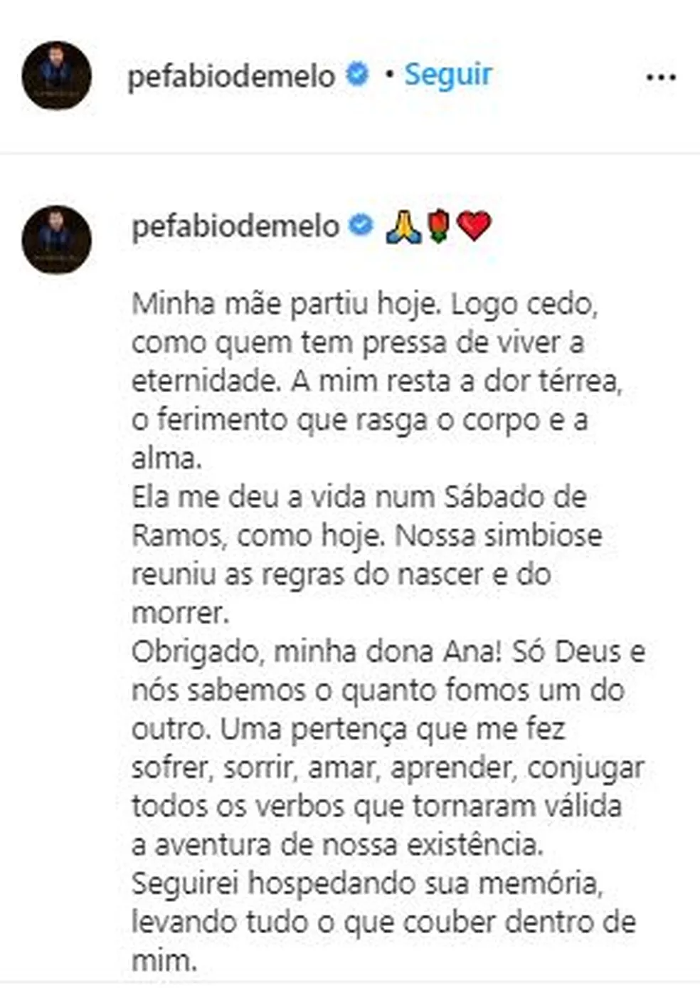 Postagem do padre Fábio de Melo sobre a morte da mãe — Foto: Reprodução/Rede Social