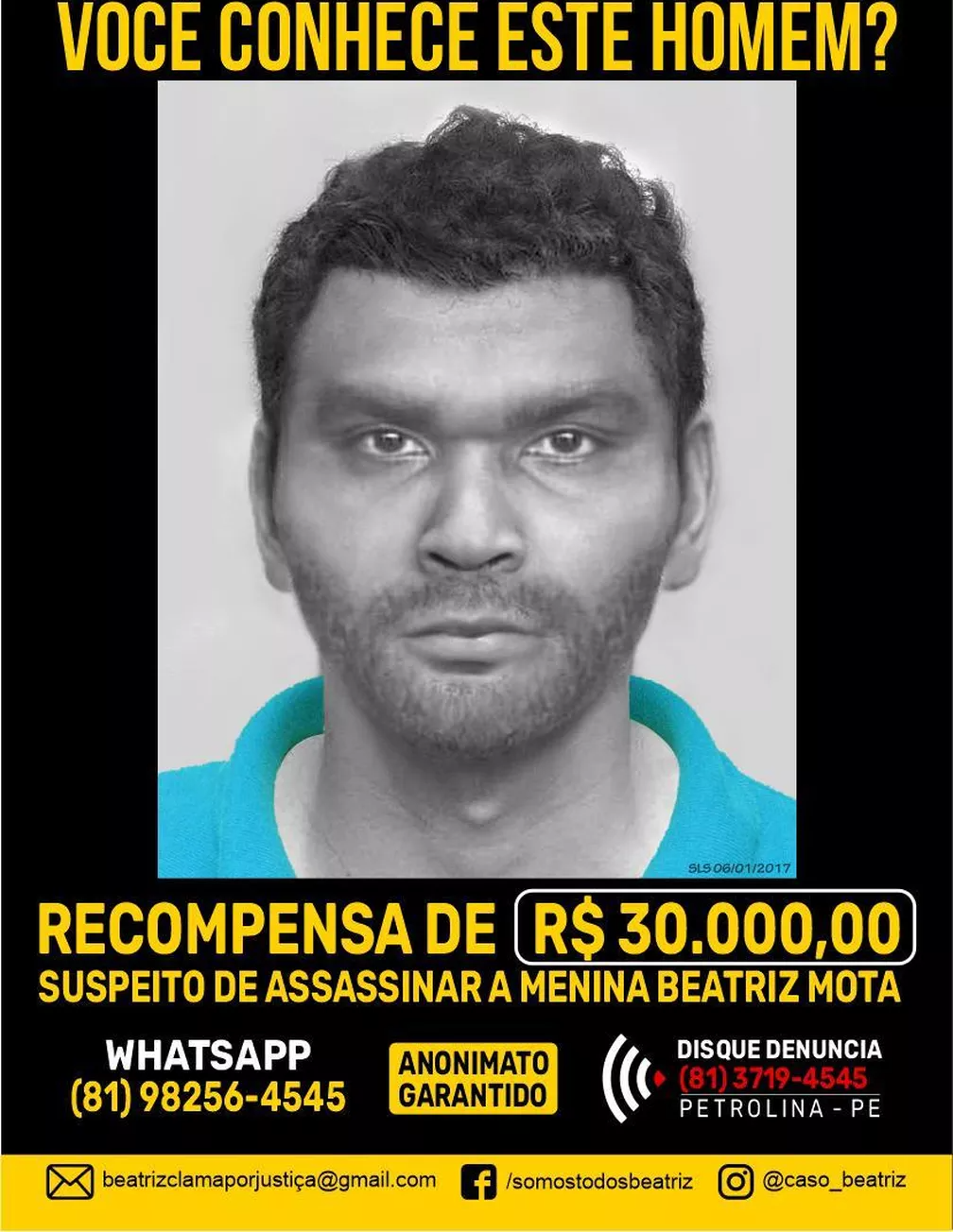 Nova imagem do suspeito de assassinar a menina Beatriz Angélica, em Petrolina — Foto: Reprodução