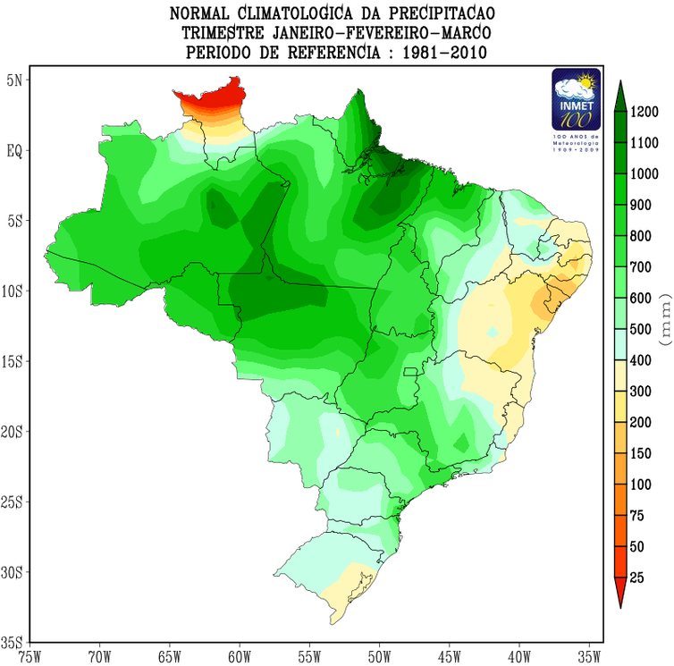 Fonte: INMET Climatologia de precipitação para o trimestre Janeiro, fevereiro e março/2020. Período de referência: 1981 –2010