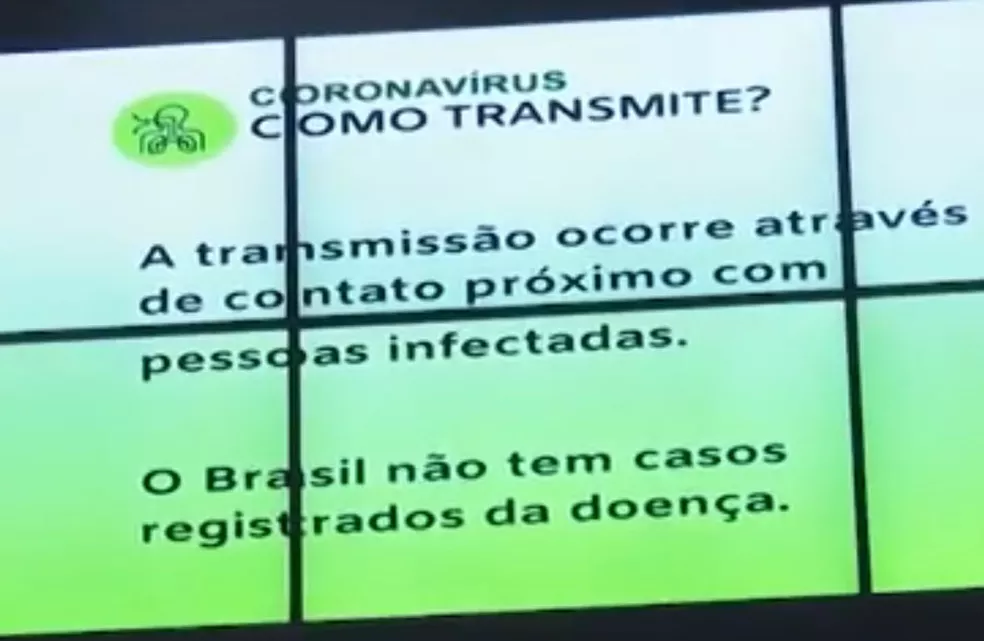 Vídeos explicativos e alertas sonoros, em quatro idiomas, sobre a doença, também são reproduzidos em todo o aeroporto — Foto: Reprodução / TV Bahia Vídeos explicativos e alertas sonoros, em quatro idiomas, sobre a doença, também são reproduzidos em todo o aeroporto — Foto: Reprodução / TV Bahia