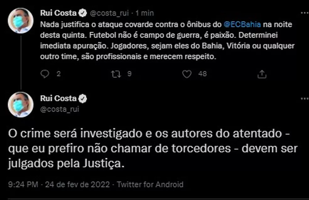 Rui Costa, governador da Bahia, se pronunciou sobre ataque a ônibus do Bahia, em Salvador — Foto: Redes Sociais
