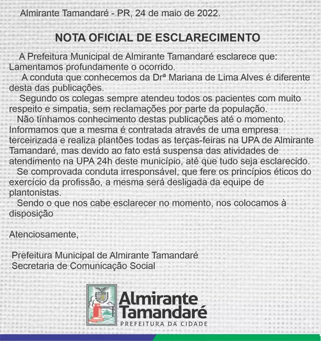 Nota da Prefeitura de Almirante Tamandaré (PR) Nota da Prefeitura de Almirante Tamandaré (PR)