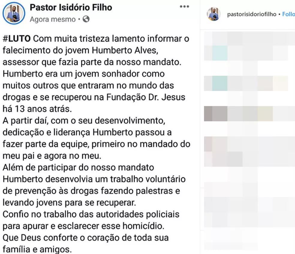 Pastor Isidório Filho lamentou morte de assessor através das redes sociais — Foto: Reprodução/Instagram Pastor Isidório Filho lamentou morte de assessor através das redes sociais — Foto: Reprodução/Instagram