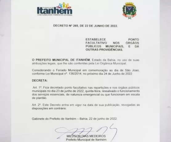 Prefeito decreta ponto facultativo dia 23, em Itanhém. Dia 24 é feriado