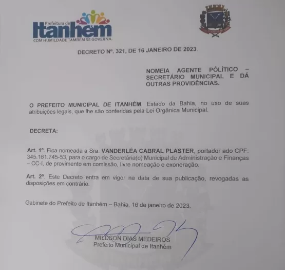 Nova Secretária de Administração é empossada em Itanhém Nova Secretária de Administração é empossada em Itanhém